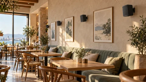 Mimariye uyumlu hoparlör yerleşimini anlatan temsili kafe tasarımı. Gerçek bir Mush Audio uygulama fotoğrafı değildir.